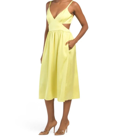 AIDAN MATTOX Yellow Sun V-neck Midi Dress With Side Cut Outs, Size 2 - Picture 1 of 3